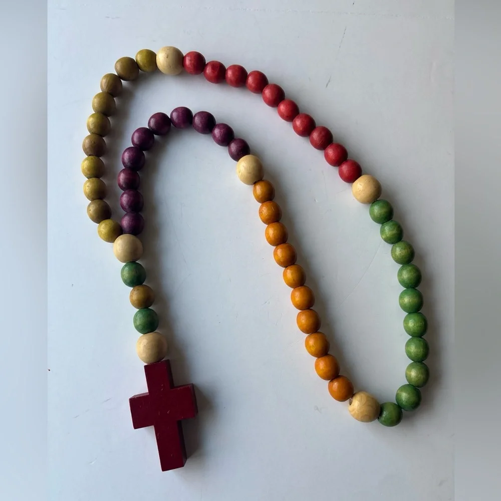 Colorful Beaded Cross Necklace‎ Wood RosaryLarge Oversized